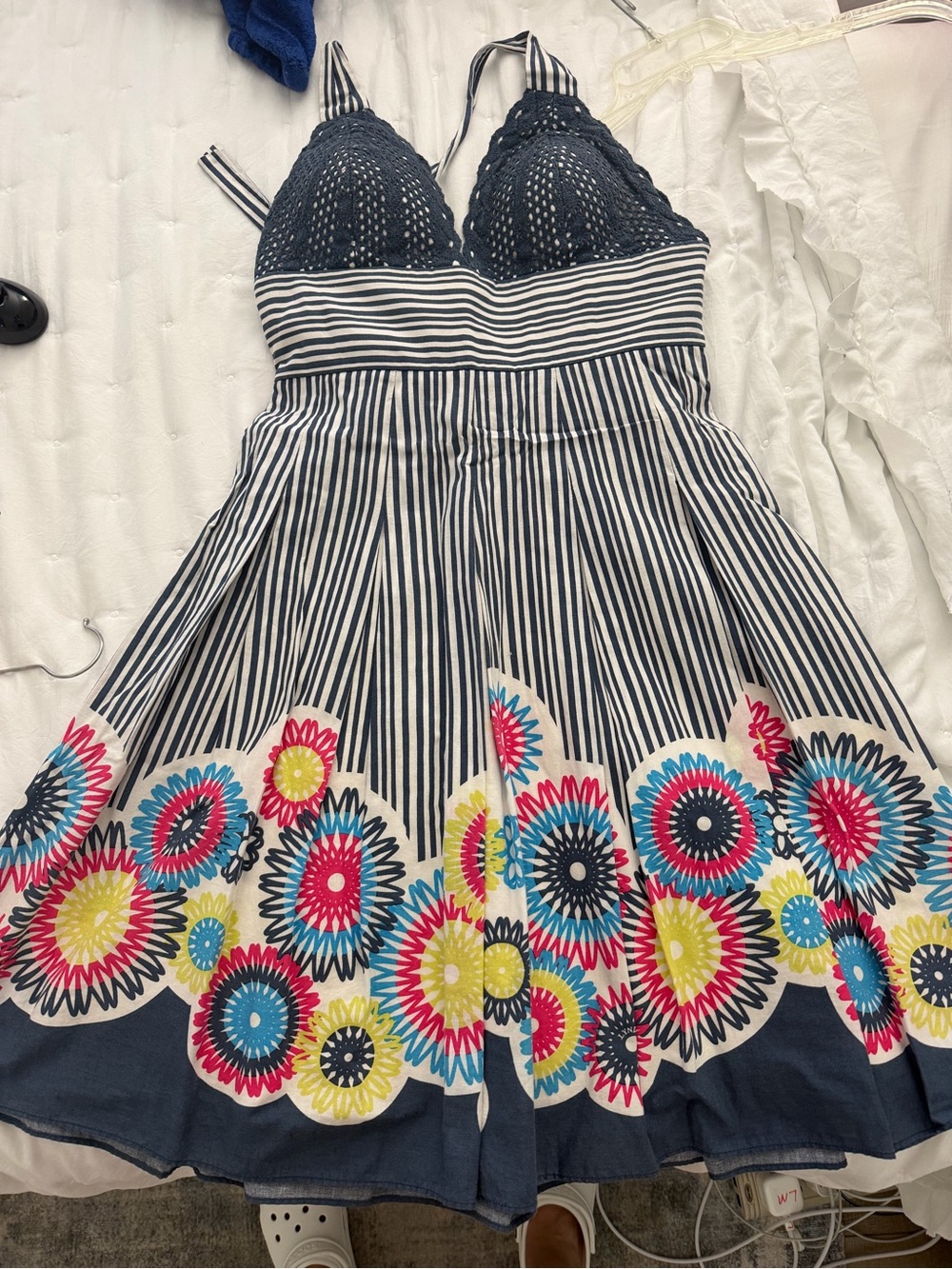 Striped Navy Sundress with Crocheted Bust and Floral Hem